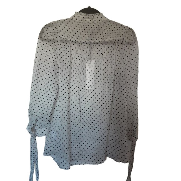 2/$35- Neon Blonde Sheer Polk A Dot 3/4th Tie Sleeves Button Blouse Women's XS - Picture 4 of 9